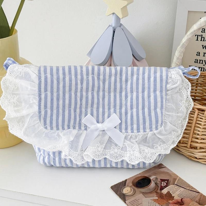Cute Girls Quilted Cotton Crossbody Bag Outdoor Portable Student Ladies Storage Handbags Bow Lace Plaid Women Shoulder Bags