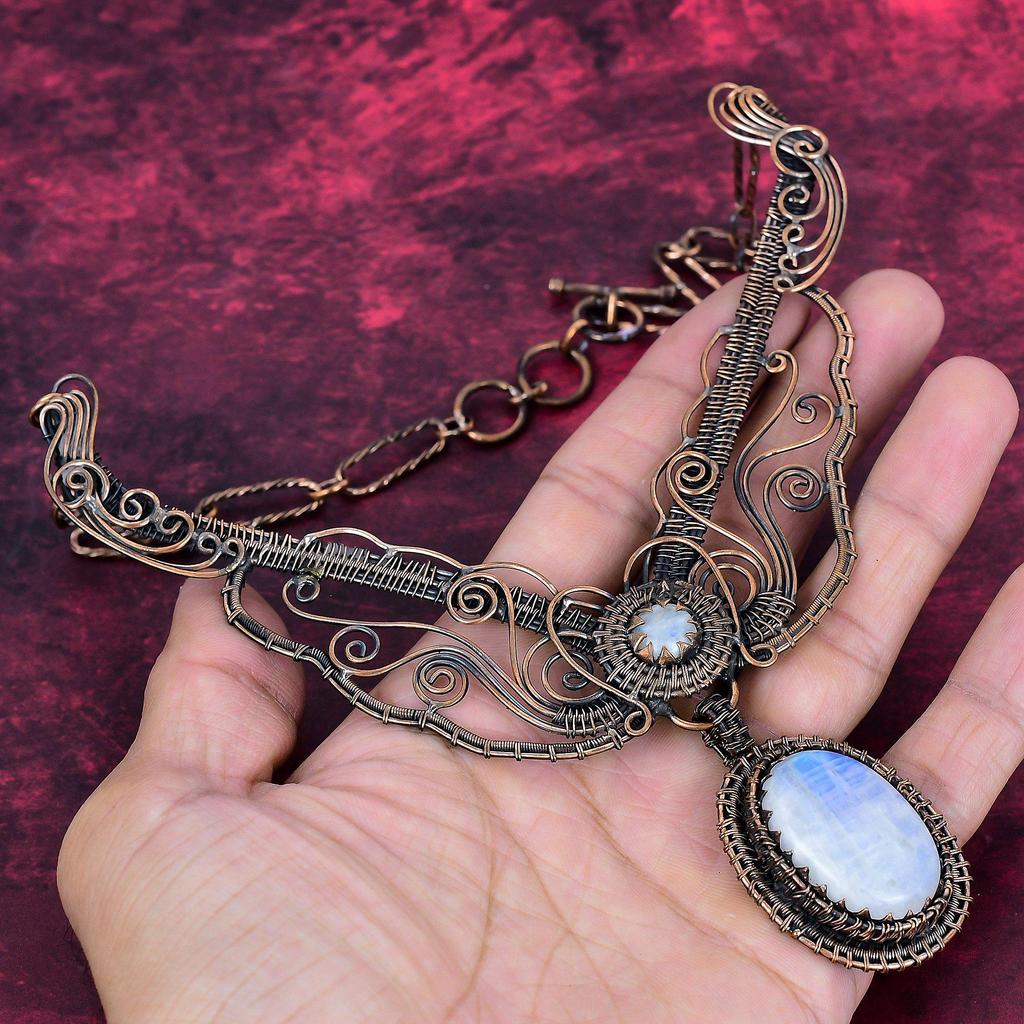 Rainbow Moonstone Necklace Adjustable Chain Necklace Copper Wire Wrapped Jewelry