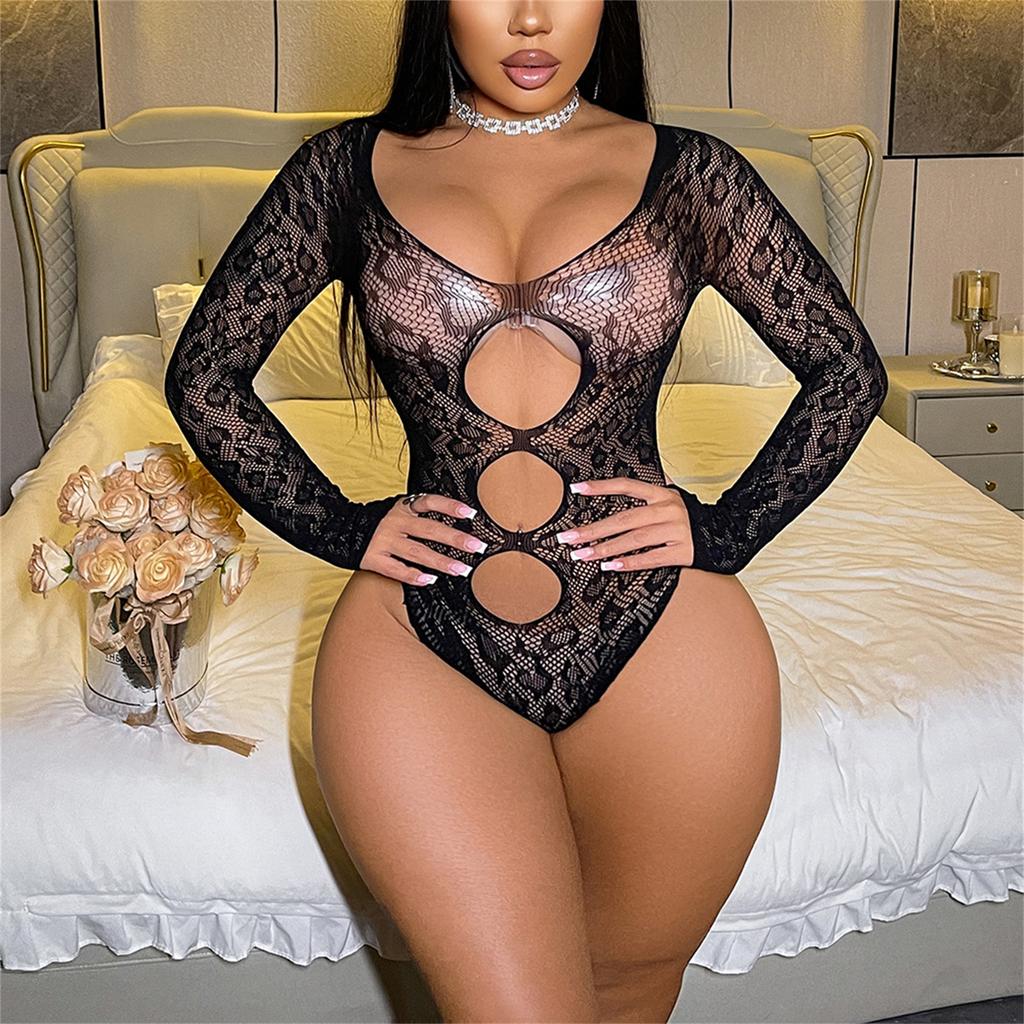 Women Lingerie See Through Cut Out Long Sleeve Fishnet Bodysuit Leopard Pattern Mesh Leotard Top Tights Nightclub Outfit