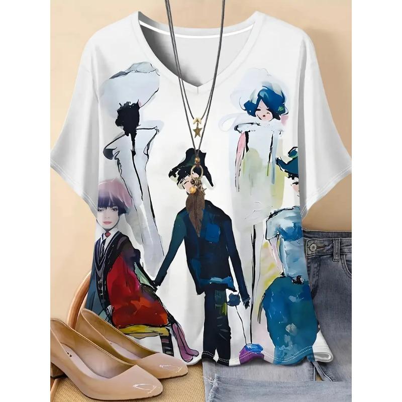 Damen T-Shirt Freizeit Druck Kurzarm Normal Oberteile V-Ausschnitt Alltag Weiß Sommer