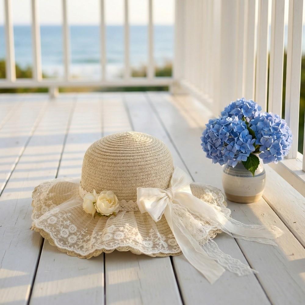 Elegant Lace Bow Sun Hat Breathable Straw Adjustable Beach Hat Lace Ruffle Fisherman Cap Outdoor Travel