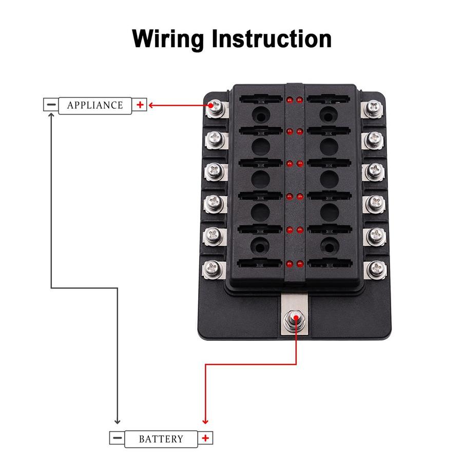 12 Way Fuse Box Car Truck Standard ATO ATC Blade Fuse Block Holder LED Indicator