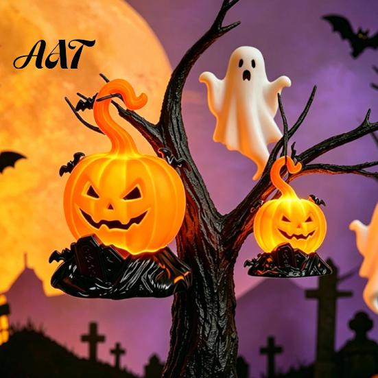 Spooky Gothic Decoration Halloween LED Candle Light Figurine, Bat Tombstone Glowing Tabletop Ornament, Warm Theme Decor Pumpkin Prop for Escape