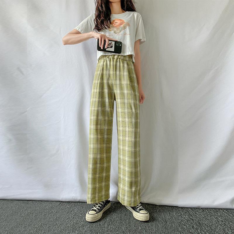 Women's Plaid Wide Leg Pants Mid-rise Straight Drapey Breathable Summer Preppy Long Trousers