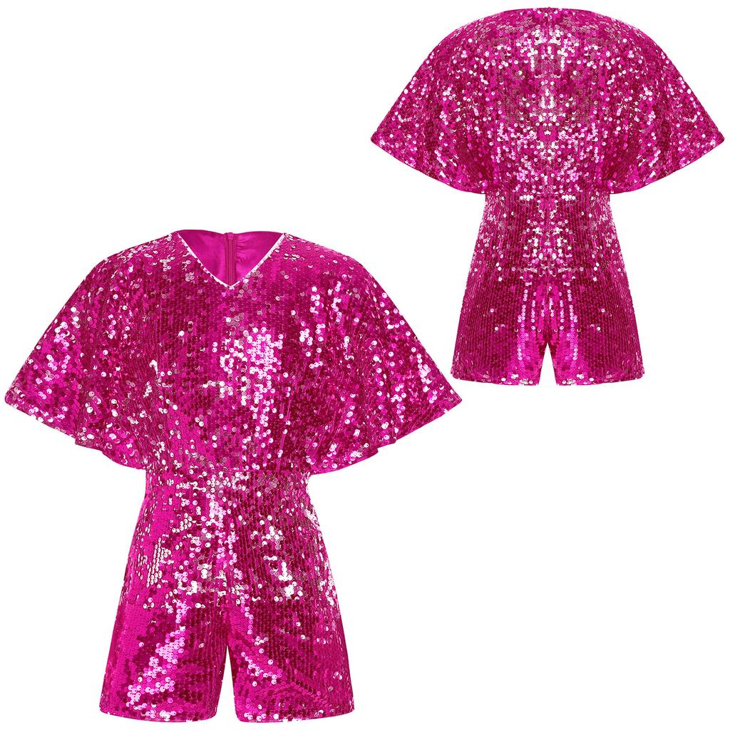 Complete Party-Ready Jumpsuit for Girls: Sparkling Sequins V-Neck Cap Sleeve Bodysuit, Perfect for Photos & Special Events