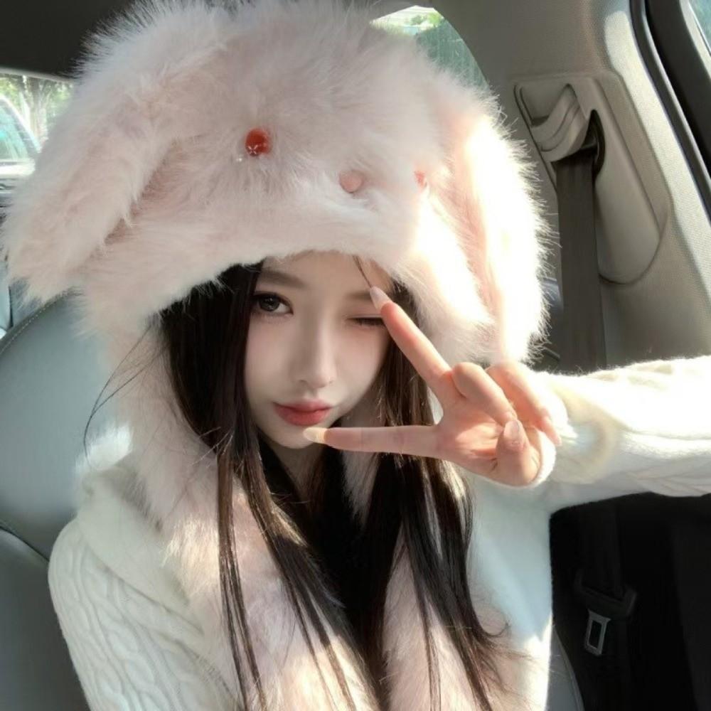 Ears Can Move Rabbit Ear Plush Cap Warm Beanies Hat Fashion Bomber Cap Women