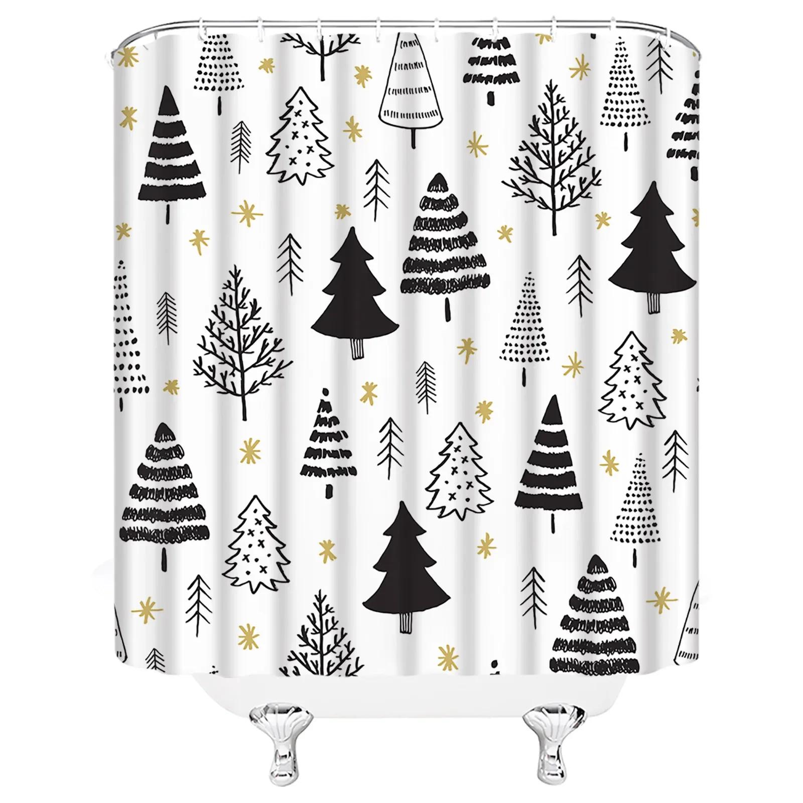 

Christmas Shower Curtain Winter Snowman Snowflake Red Bird Christmas Tree Moose Christmas Ball Farm Forest, Bathroom Decorations 90x180cm-35x70in