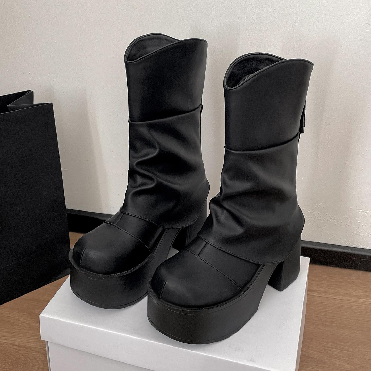 

Queen Fan Black British Style Thick-soled High-heeled Boots Women s 2025 New Autumn Height-increasing and Skinny Medium Boots 42 чёрный