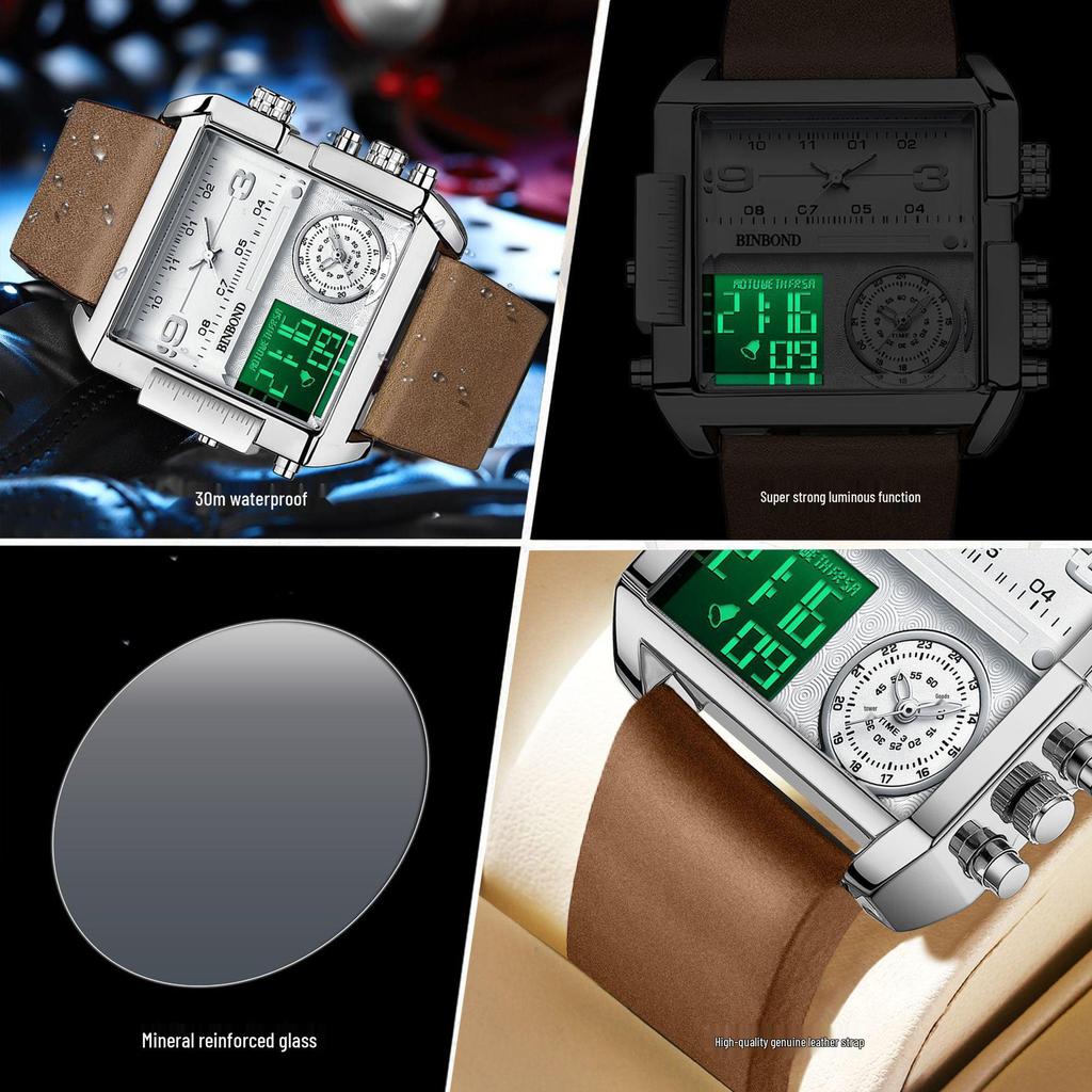 Binbang Fashion Men's Domineering Quartz Watch with Large Square Dial and Triple Display
