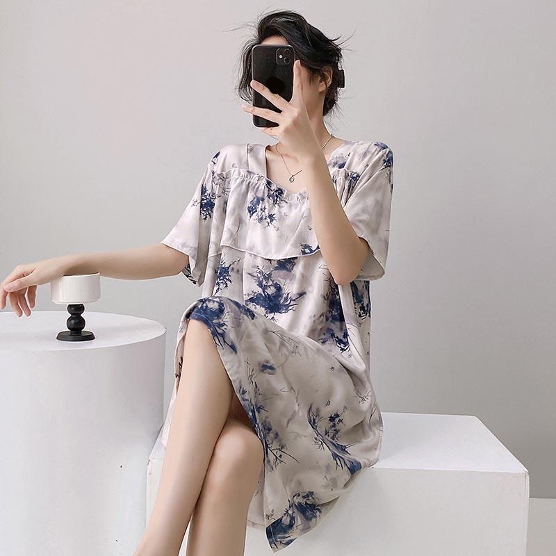 Sexy Nachtwäsche Damen Spitze Viskose Nachtkleid Kurzarm Cartoon Nachthemden Mädchen Nachthemd Einheitsgröße Nachthemd Mädchen Nachtwäsche