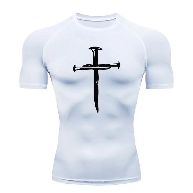 Men's Quick Dry Cross Print Sportswear Running Compression Tee Shirt Athletic Muscle Tshirt Fitness Gym Undershirt Sport Top