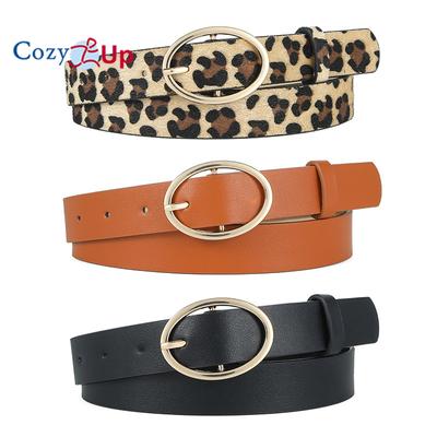 Round Buckle Leopard Pattern PU Belt Women's Leopard Pattern Decoration with Magic Belt