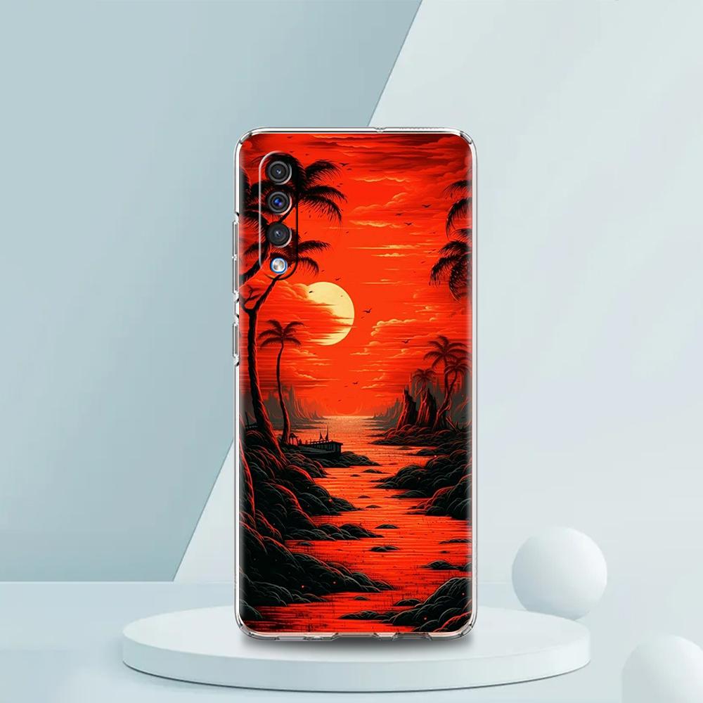 Transparent Phone Case for Samsung Galaxy A16 A14 A12 A22 A24 A42 A02 A06 A20 A30 A40 Soft TPU Cover Sunset Coconut Tree Pattern