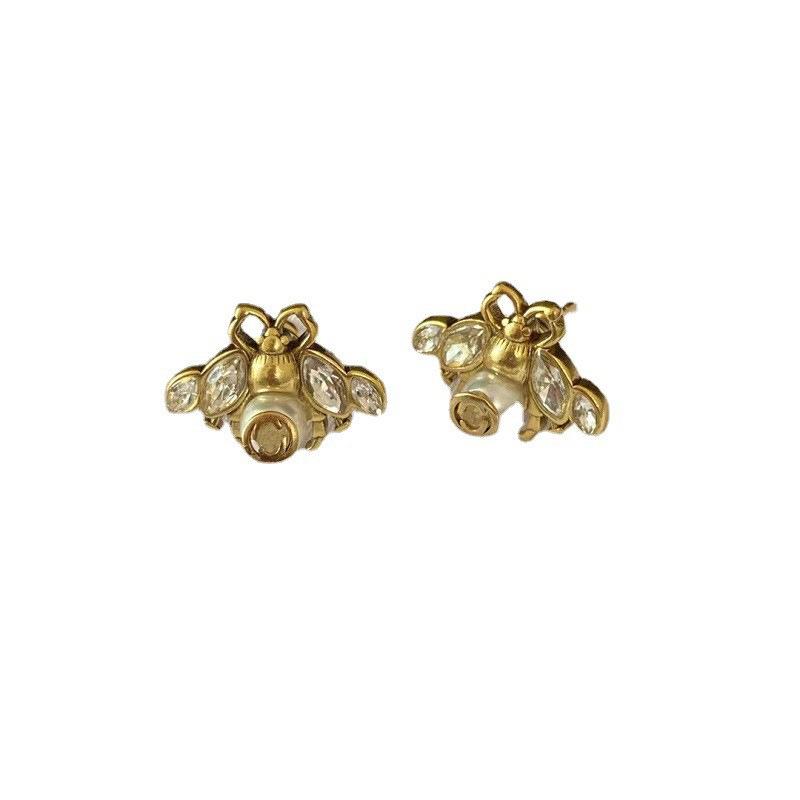 Gu Jia Retro Classic Little Bee Double G Pearl & Diamond Earrings for Women