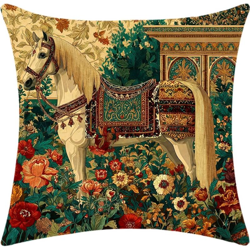 Horse Floral Pillow Cover Polyester Artistic Home Decor Sofa Bed Cushion Skin Friendly Soft Plush Invisible Zipper Decor Gift