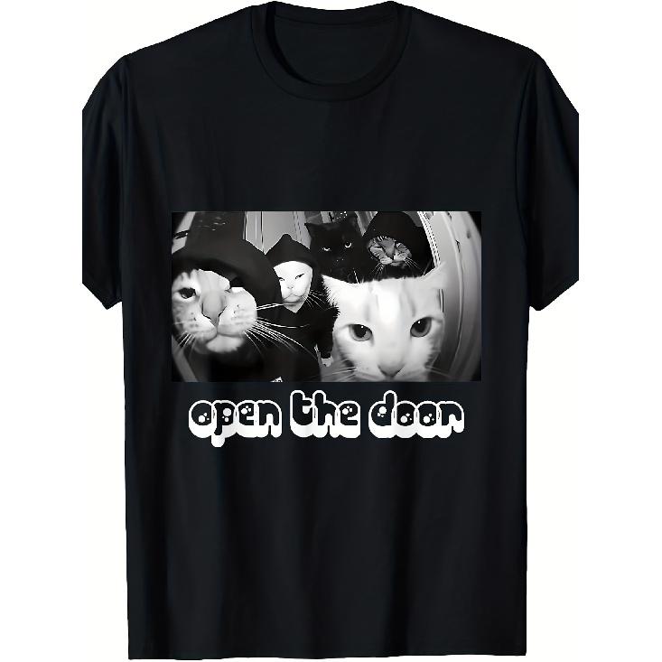Vintage Funny "Open The Door" Sarcastic Cat Meme T-shirt Fun Graphic T-shirts, Soft Pure Cotton Crew Neck Short-sleeved T-shirts, Suitable for Both