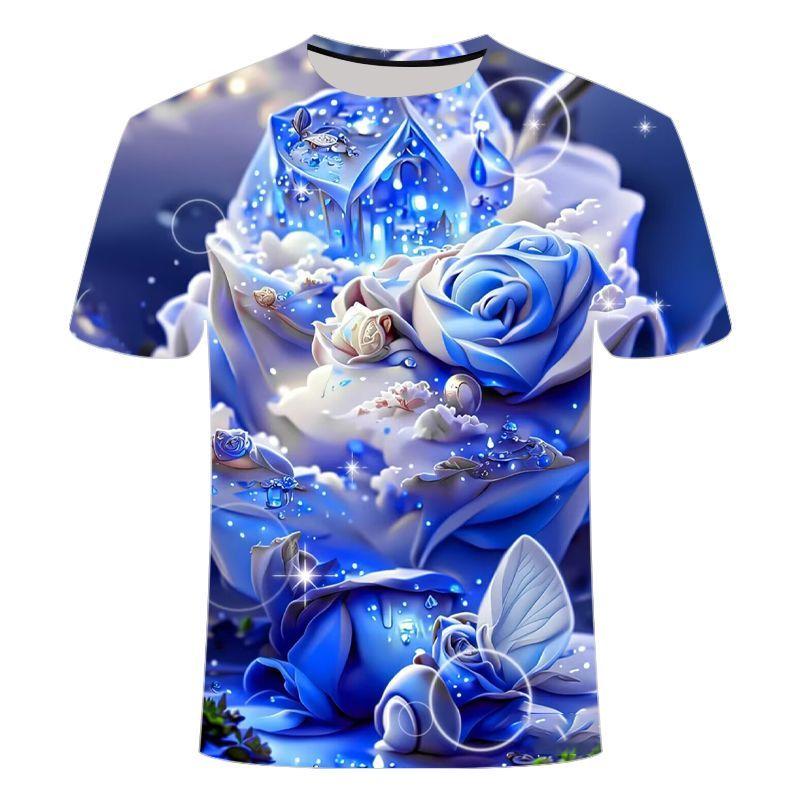 Blaue Rosenlandschaft 3D-bedrucktes, kurzärmeliges, modisches, lässiges T-Shirt für Männer und Frauen