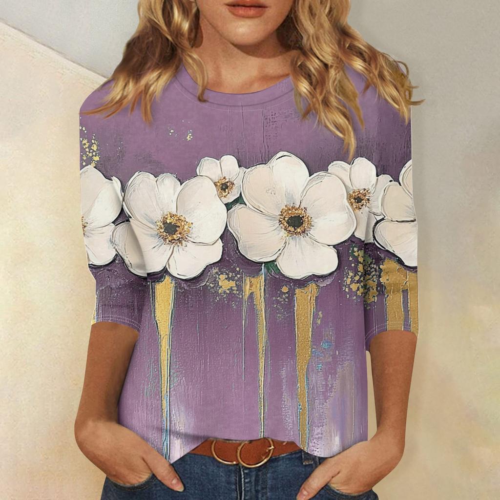 Damenmode, lässig, Rundhalsausschnitt, 3/4-Ärmel, lockeres bedrucktes T-Shirt, Damen-Top
