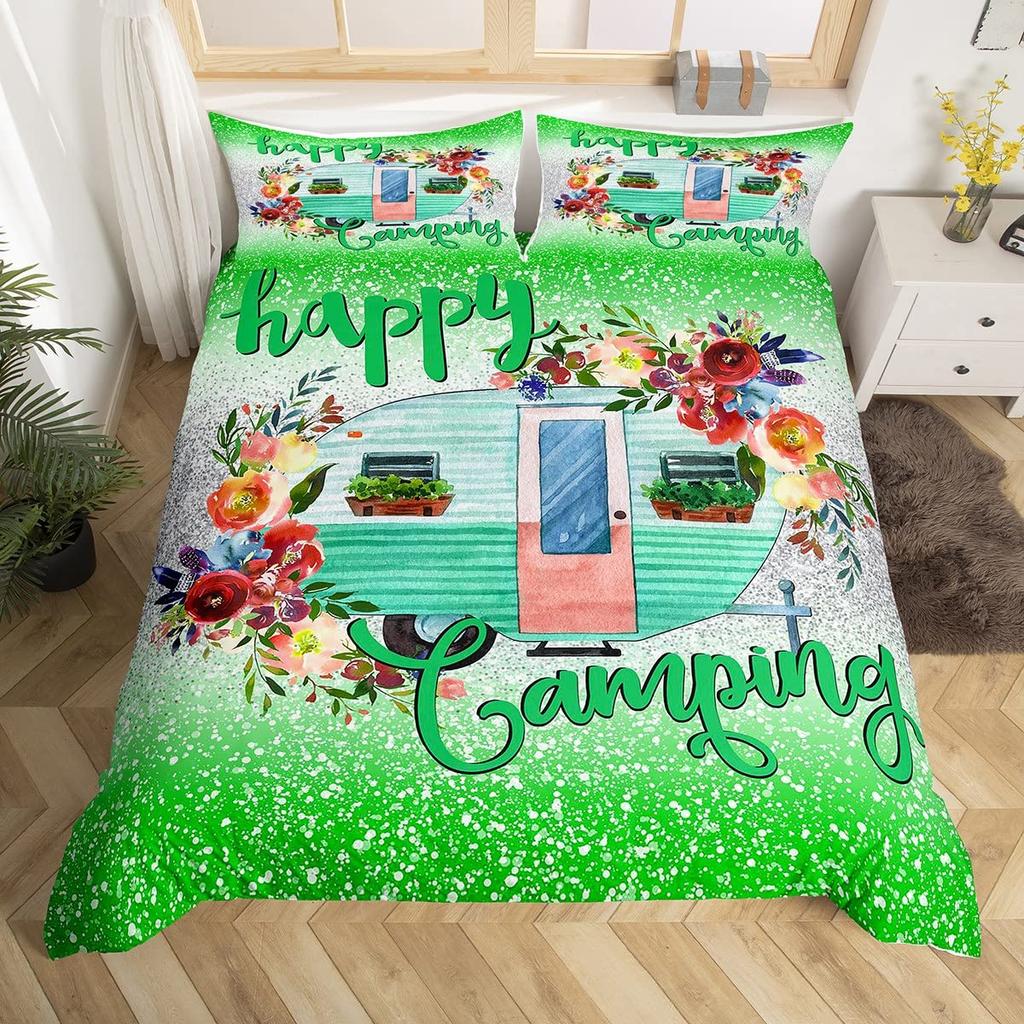 Rustikales Bauernhaus Camper Bettbezug King für Junge Mädchen Blume Happy Camping Bettwäscheset Weltraum Stern Glitzer Galaxie Bettdeckenbezug