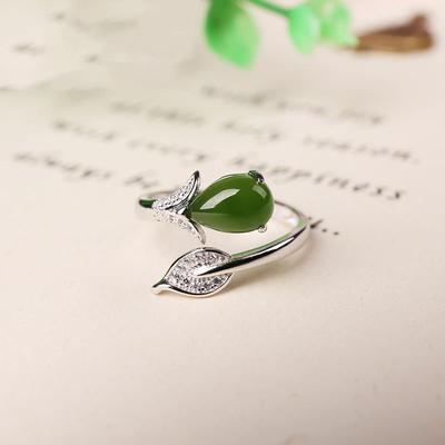 Original New Natural Hetian Jade Leaf Drop Opening Adjustable Ring Elegant Charm Creative Retro Female  Jewelry