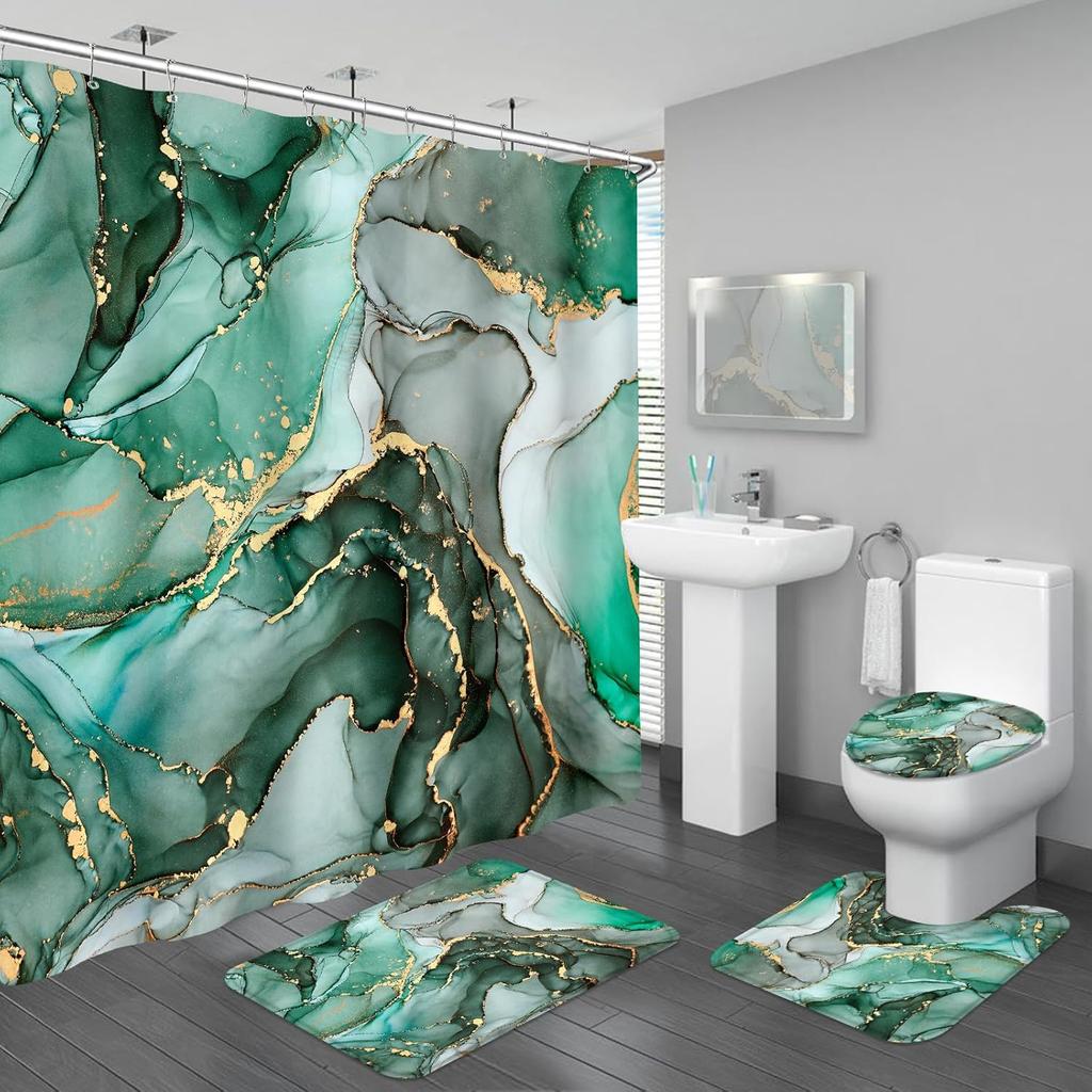 Set Cortină de Duș de Baie Marmură de Lux 4 Bucăți 15 Stiluri Cortină de Baie cu 12 Cârlige Covoare Antiderapante Covoraș pentru Capacul Toaletei Partiție de Baie