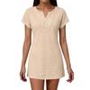 Women's Casual Solid Color Short Sleeve Dress with Embroidered V-Neckline Lightweight Summer Beachwear Tunic Dress