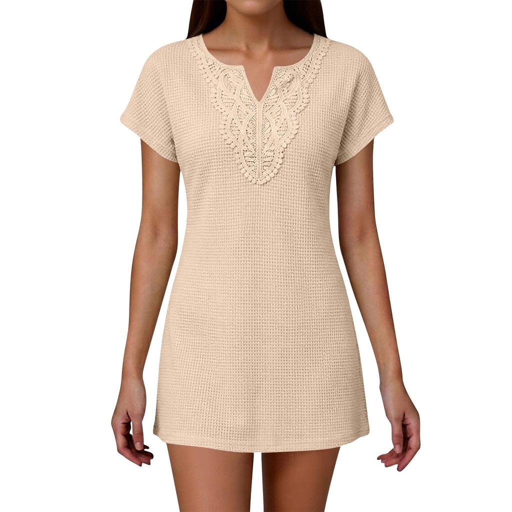 Women's Casual Solid Color Short Sleeve Dress with Embroidered V-Neckline Lightweight Summer Beachwear Tunic Dress