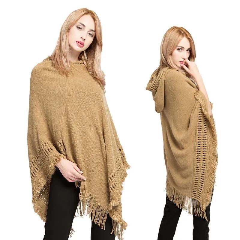 Women's Tassel Large Size Knitted Sweater With Hood And Imitation Cashmere Cape And Shawl