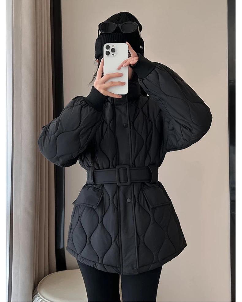 Women’s Short Quilted Windproof Winter Jacket With Belt