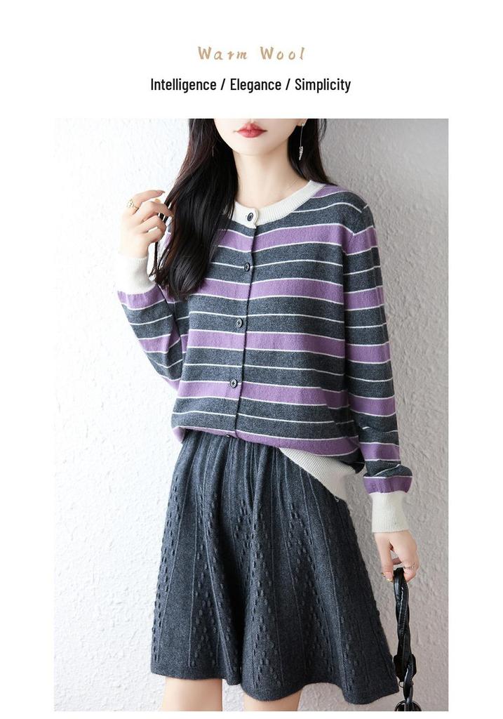 2026 Autumn/Winter Women's Pure Wool Color Block Stripe Loose Knit Cardigan Sweater