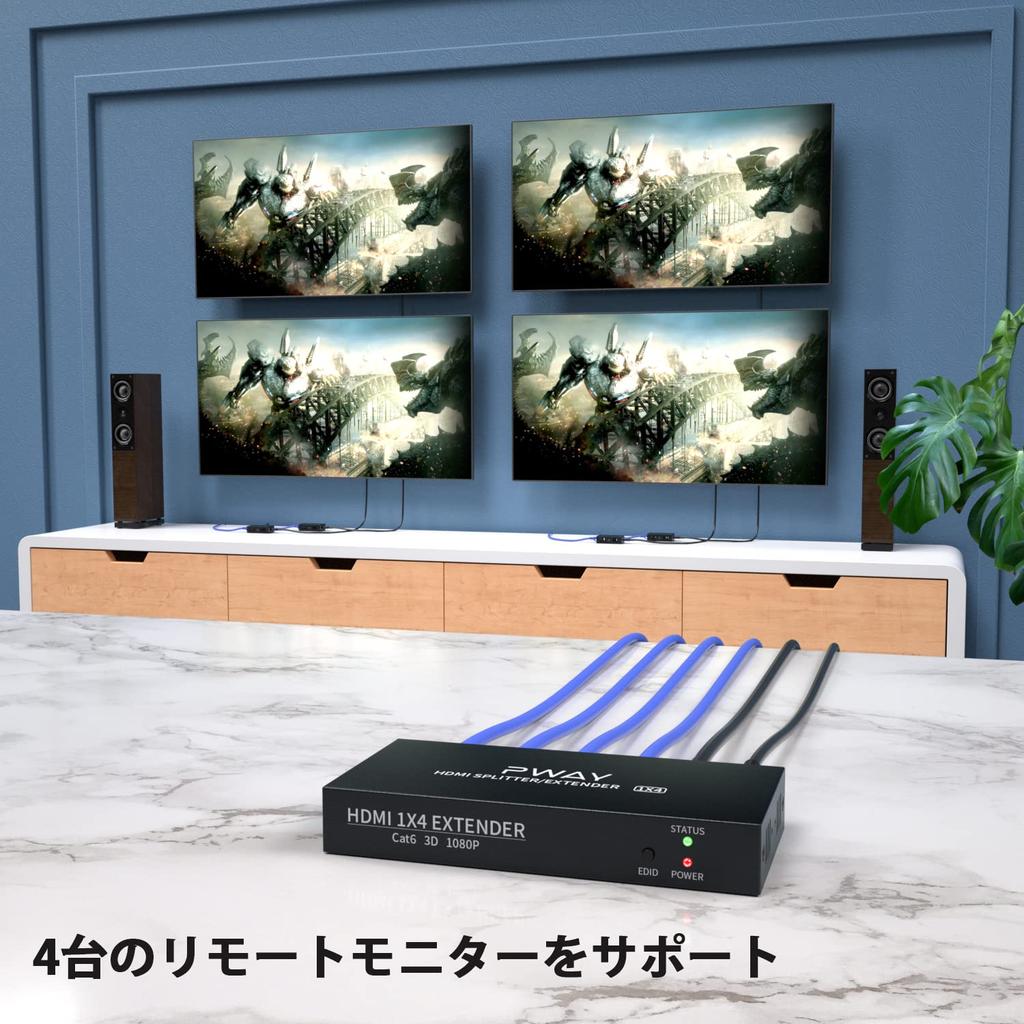 1X4 1080P HDMI Extender Splitter Transmission 165ft By 3D EDID 1 Power Support IN 4 PW-HT226P4 (50m) Cat5e/Cat6/Cat7 (1 OUT)