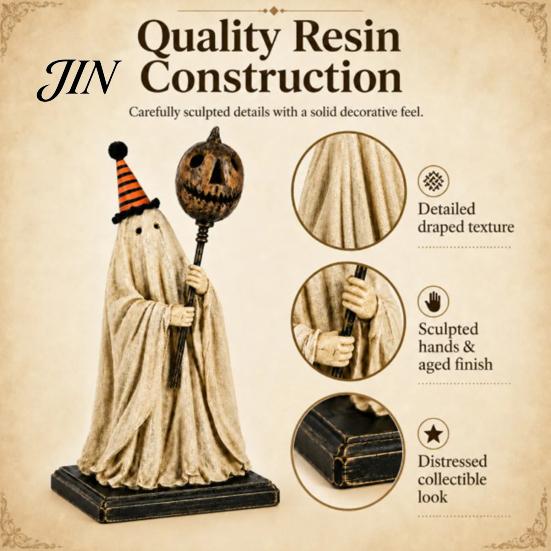Shabby Stoff Geist Dekoration Vintage Figur mit leuchtendem Kürbis Zepter, Halloween Ornament Retro LED Licht, Harz beleuchtet für Innen Außen