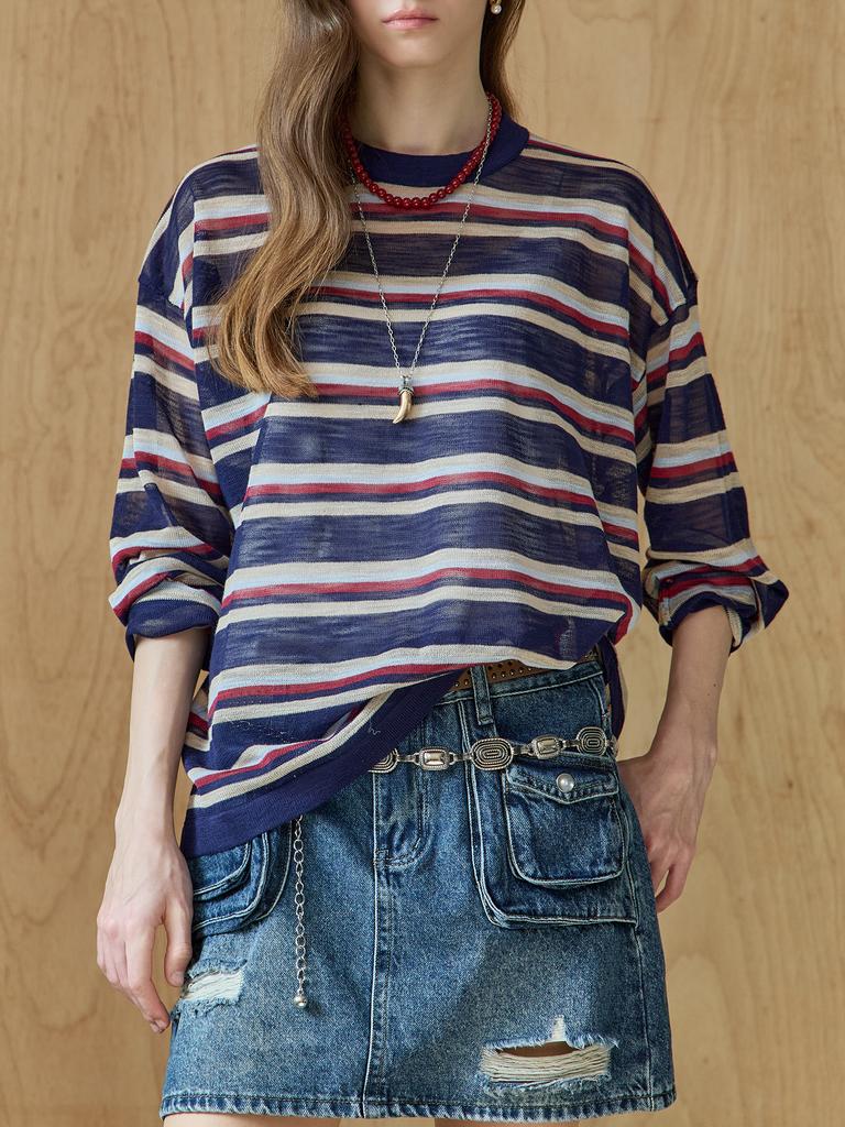 MAXZA Multi-Color Striped See-Through Round Neck Knit