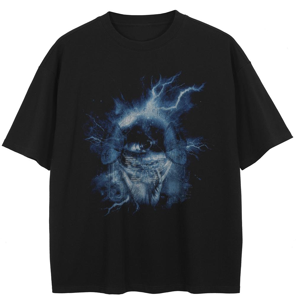 Мужская черная футболка с эффектом потертости 2026 года, стиль стритвеар, QUARTER 24, графический принт «Голубые глаза», A37T006 XXL чёрный