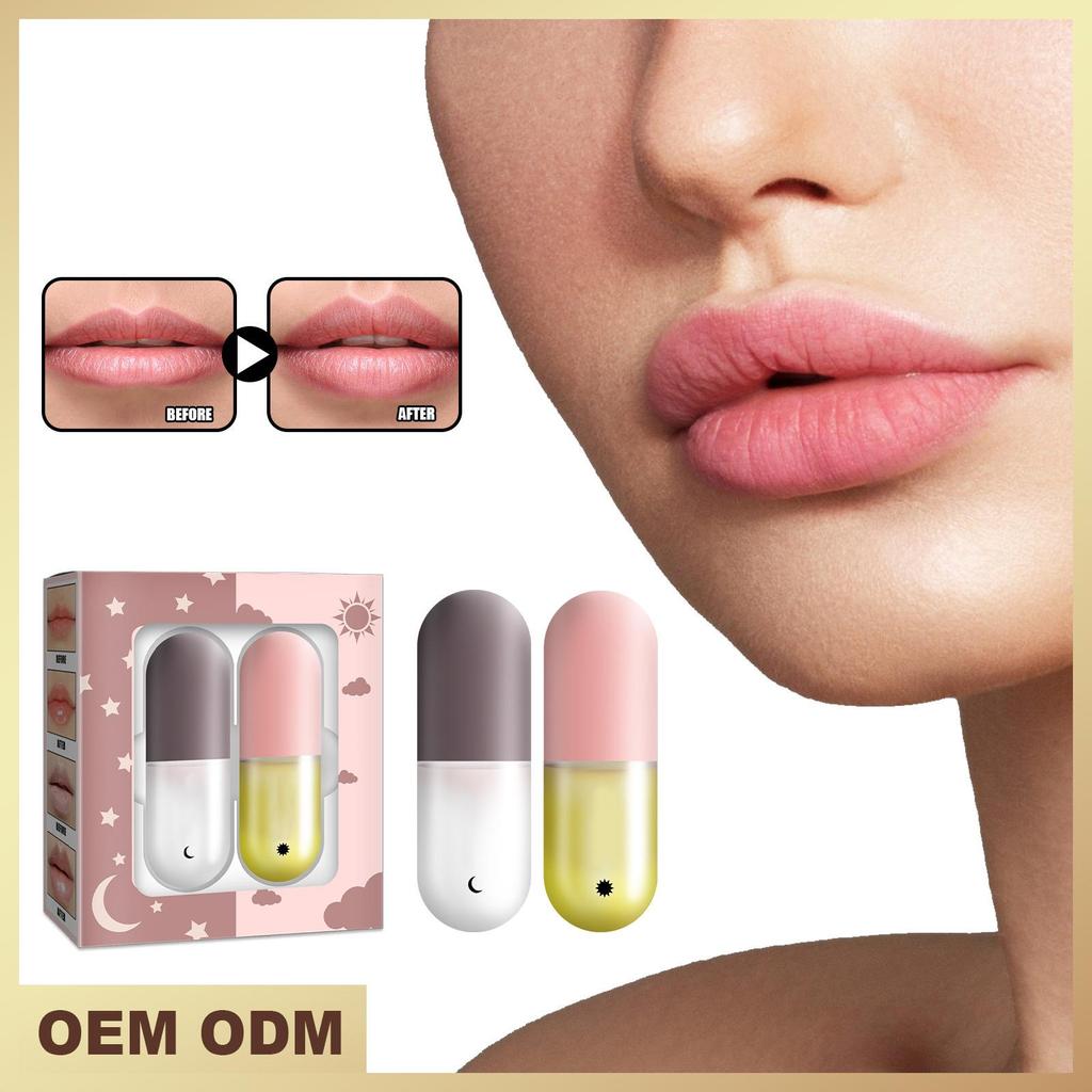 Juego de cápsulas de bálsamo labial para día y noche, líquido para rellenar los labios, hidratante de larga duración y que no se seca