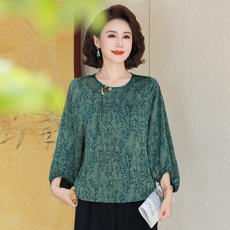 New 2026 Spring/Summer Printed Seven-Sleeve Top for Middle-Aged & Elderly Women