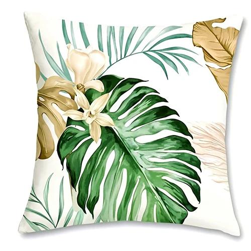 Golden Green Palm Leaf Decorative Pillowcase,Ultra-Soft Polyester Material Living Room Sofa Back Car Pillowcase Home Decoration