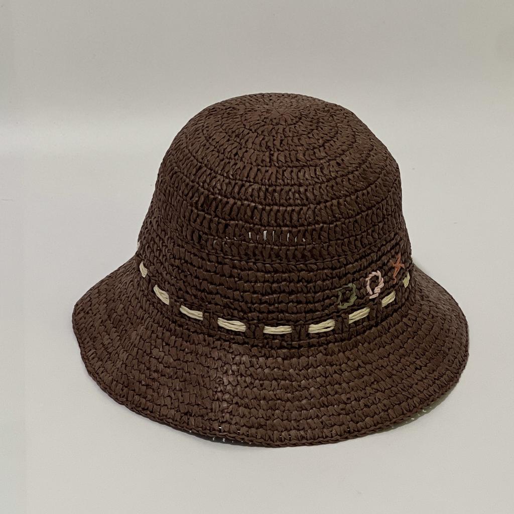 Ethnic Style Shell Decorative Straw Bucket Hat Women's Spring Seaside Vacation Breathable Hollow Straw Hat Sun Hat