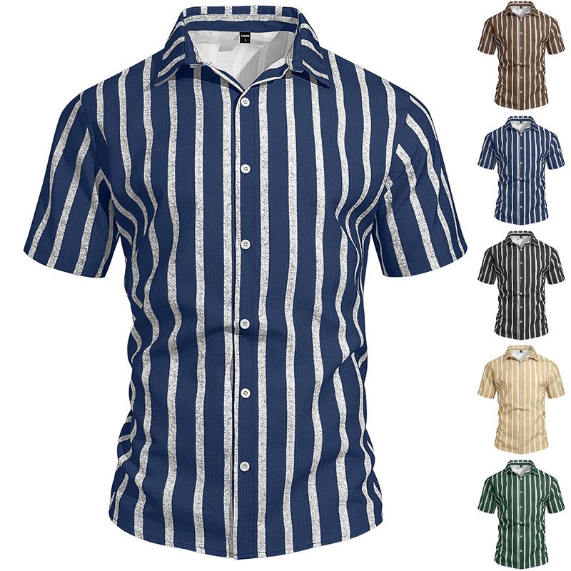 Summer Casual Short Sleeve Shirt Vertical Stripe Pattern Men Daily Blouse Fashion Regular Fit Men Striped Turn Collar Short Sleeve Shirt