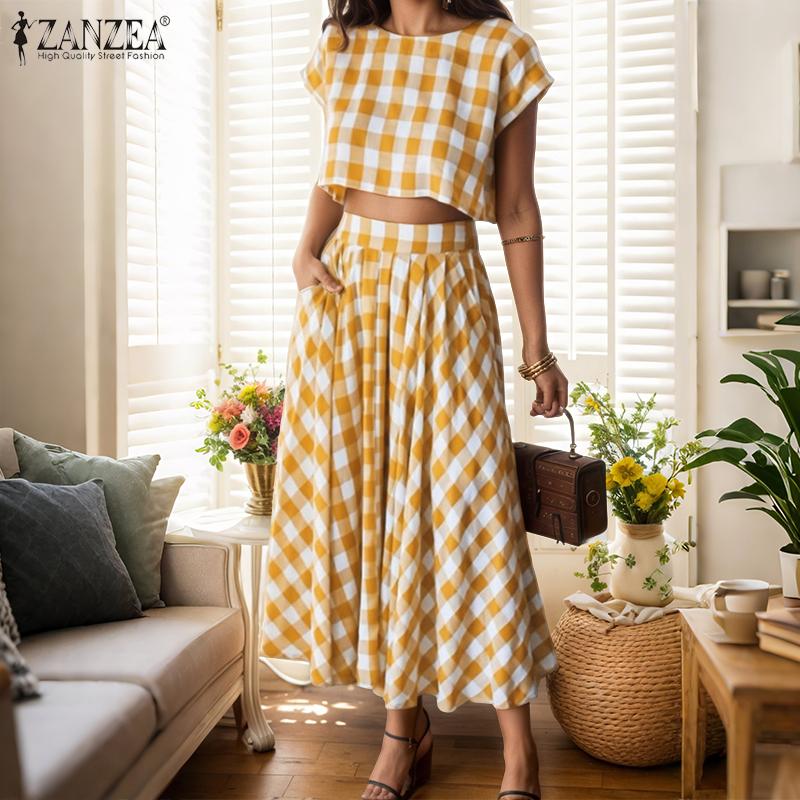 ZANZEA Women Short Sleeve Blouse and Long Skirts Plaid Print Two Piece Sets