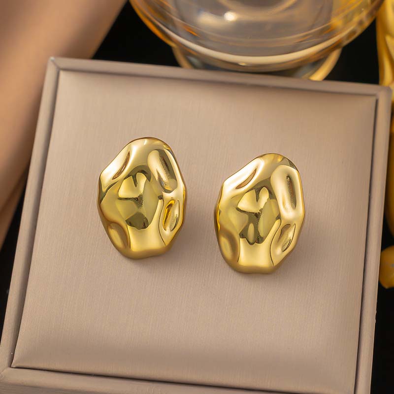 Vintage Gold Color Irregular Hammered Stud Earrings for Women Minimalist Metal Geometric Chunky Earrings Zircon Gift