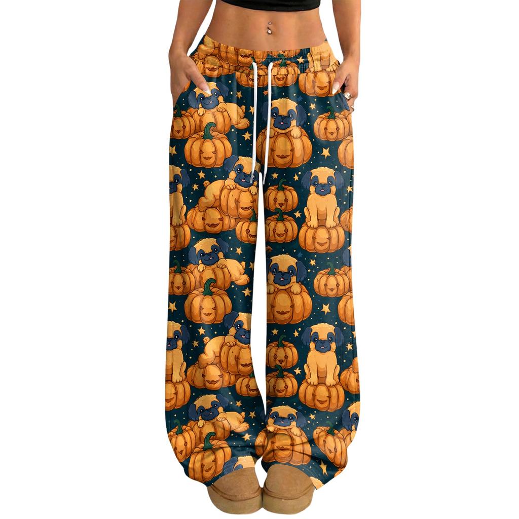 Women's Halloween Print Casual Wide Leg Pants with Drawstring Elastic Waist for Holiday Parties