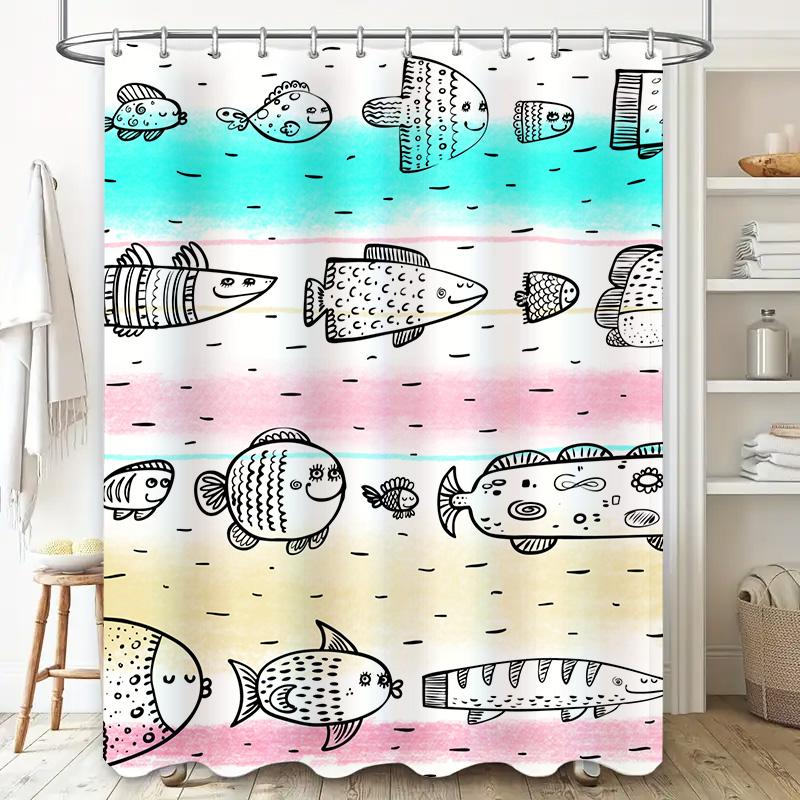 Hand-Drawn Fish Shower Curtain With Cartoon Style Blue, Pink Yellow Colors 180X180Cm For Bathroom Decoration