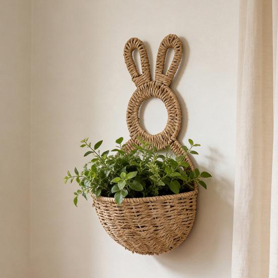 Small Plant Display Basket Easter Bunny Woven Basket, Handmade Rabbit Rustic Wall Hanging Entryway Sundries Storage for Dried or Faux Flowers Plants,