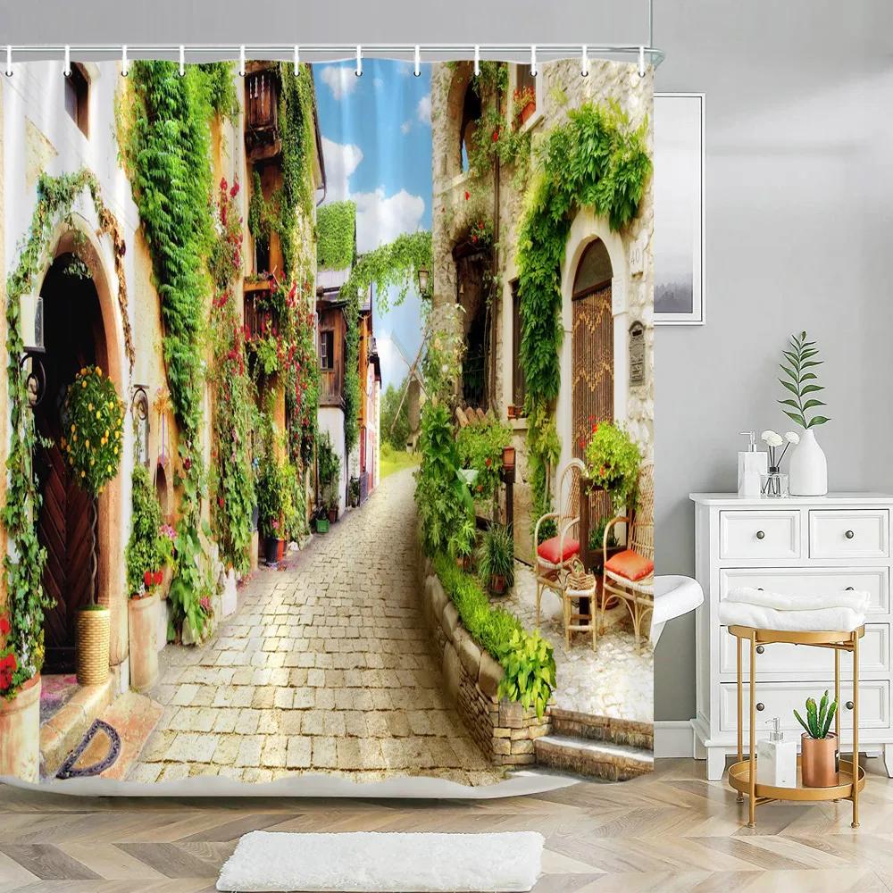 

Tuscan Decor Collection Tuscan House with Rustic Wooden Door and Flowers Image Polyester Fabric Shower Curtains Bathroom Decor 90x180cm