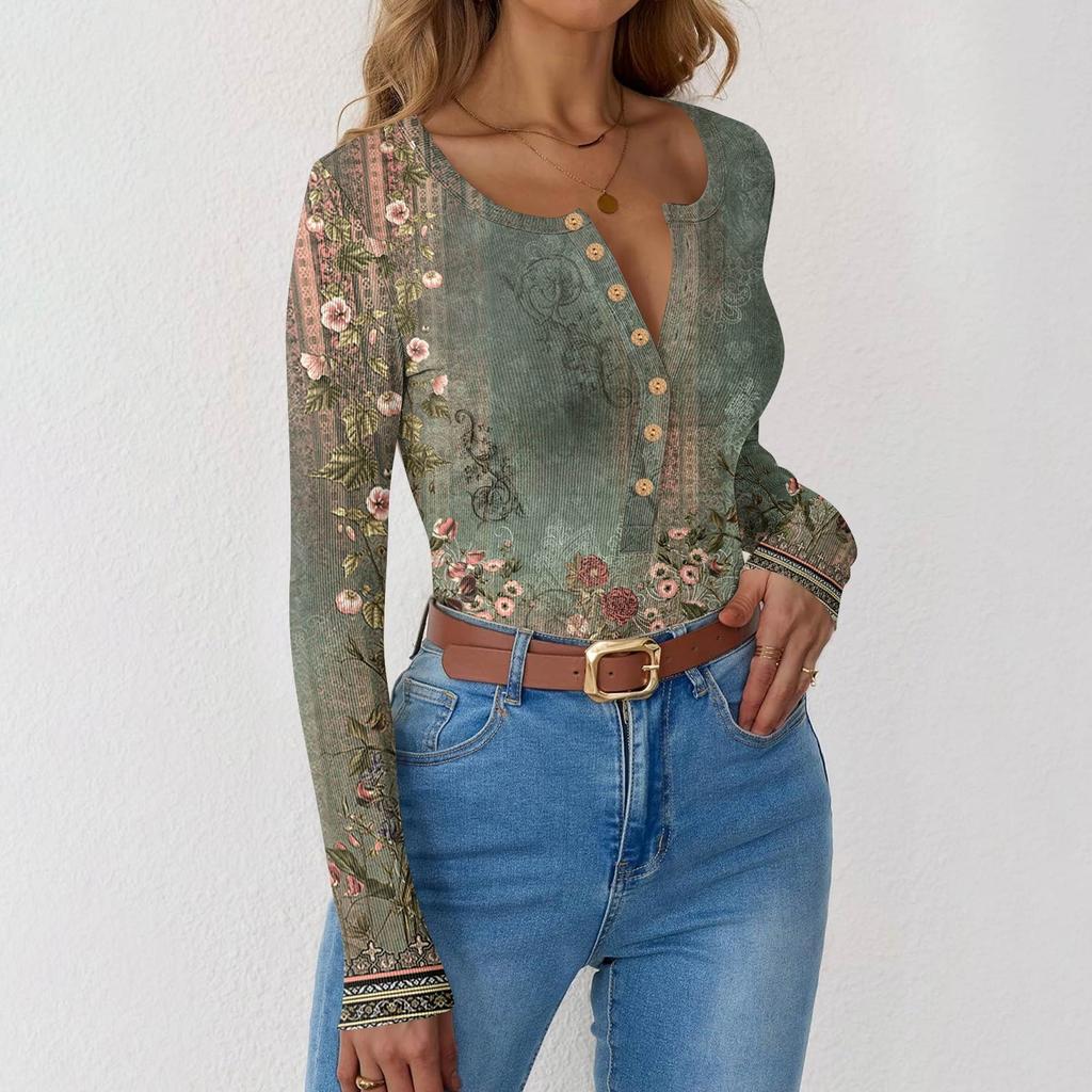 Women's Slim Bottom T-shirt Fashion Casual Gradient Printing Round Neck Pullover Long Sleeve Top