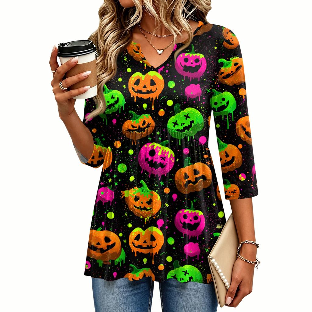 Women's Casual V-Neck Three-Quarter Sleeve Blouse with Halloween Print for Fall Parties
