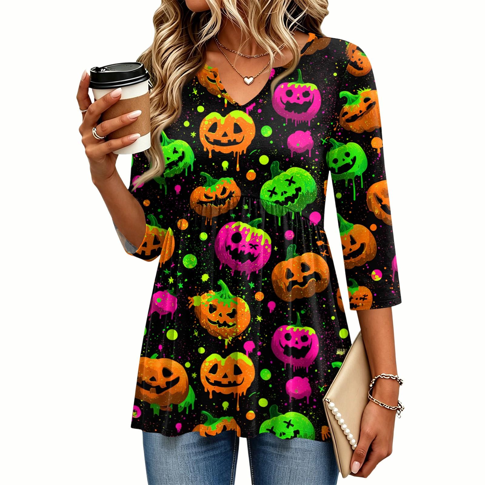 Women s Casual V-Neck Three-Quarter Sleeve Blouse with Halloween Print for Fall Parties XL