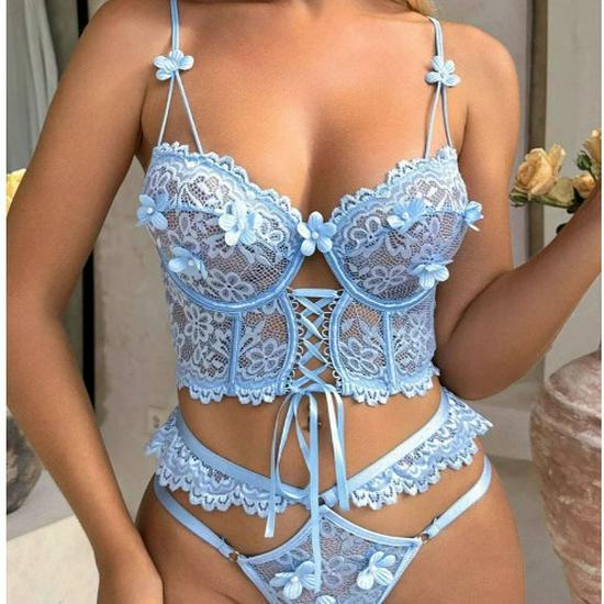 European & American Strappy Underwire Lace Bra & Beaded 3D Flower Lingerie Set