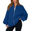 Women's Fashion Long Sleeve Solid Color V-Neck Loose Oversize Zipper Jacket